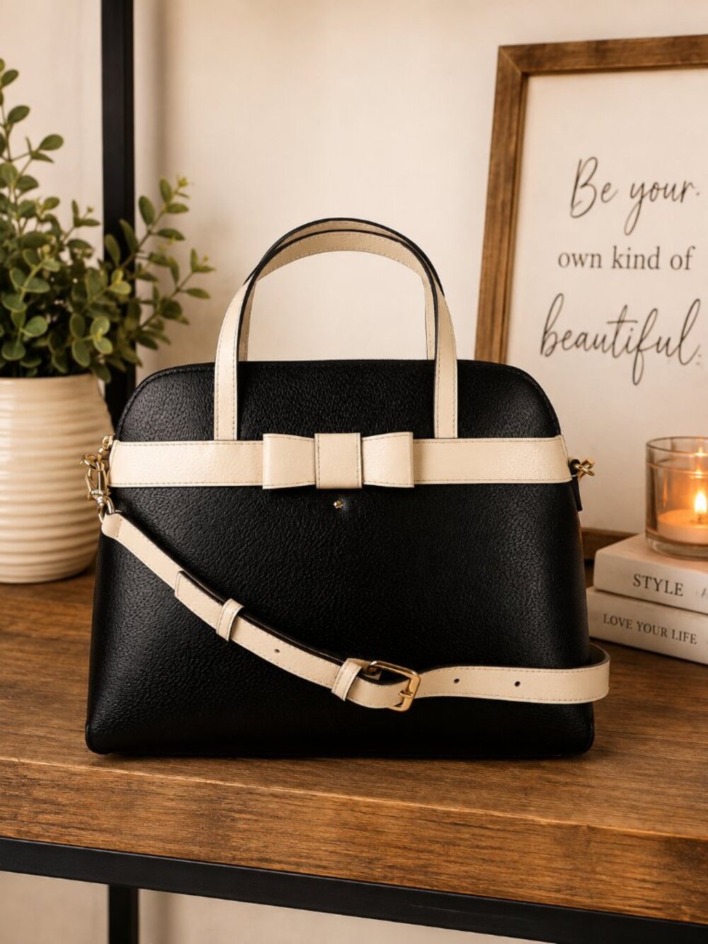 Kate Spade Black Genuine Leather Dome Satchel With Bone White Trim
